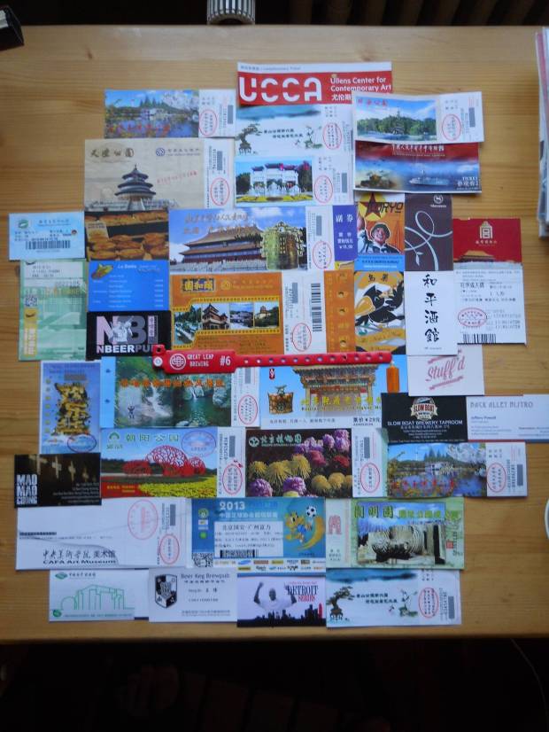 Collage of tickets and business cards collected (before they go in the bin)